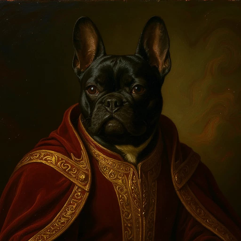 Portrait Renaissance d'un Bouledogue Français, généré par l'IA Picapaw
