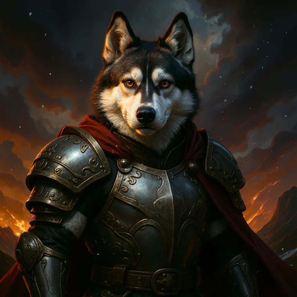 Portrait guerrier fantastique d'un Husky Sibérien, généré par l'IA Picapaw